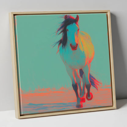 Electric Cyan Stride horse portrait canvas wall art in natural frame