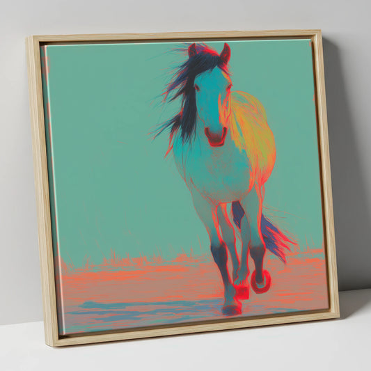 Electric Cyan Stride horse portrait canvas wall art in natural frame