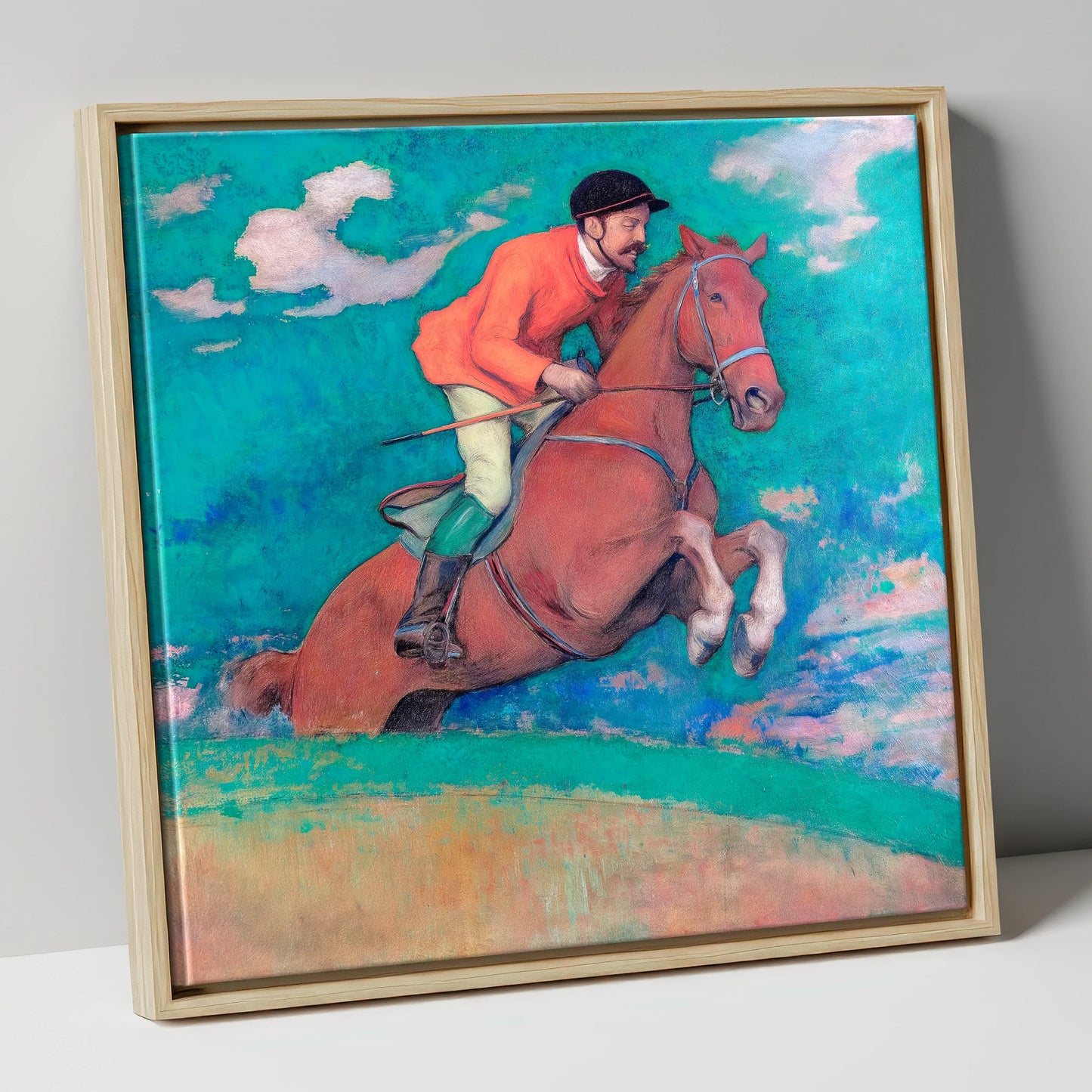 The Crimson Chase racing horse canvas wall art in natural frame