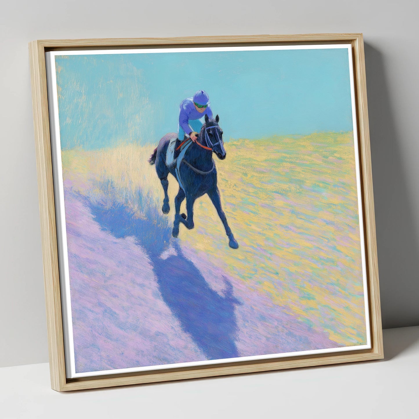 Pastel Morning Canter racing horse canvas wall art in natural frame