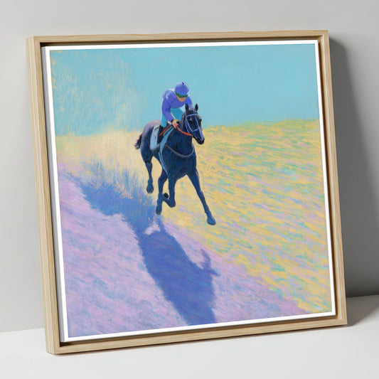 Pastel Morning Canter racing horse canvas wall art in natural frame