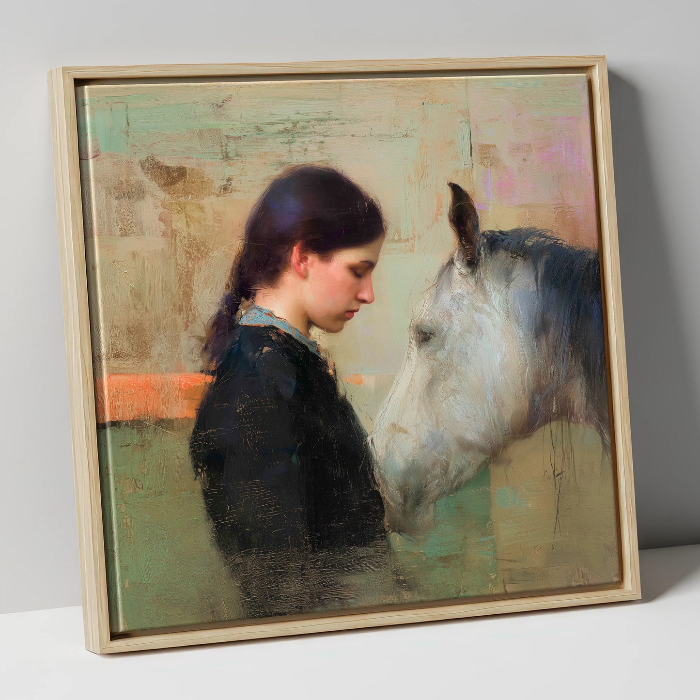 The Silent Bond horse & rider canvas wall art in natural frame
