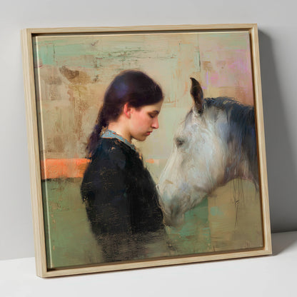 The Silent Bond horse & rider canvas wall art in natural frame