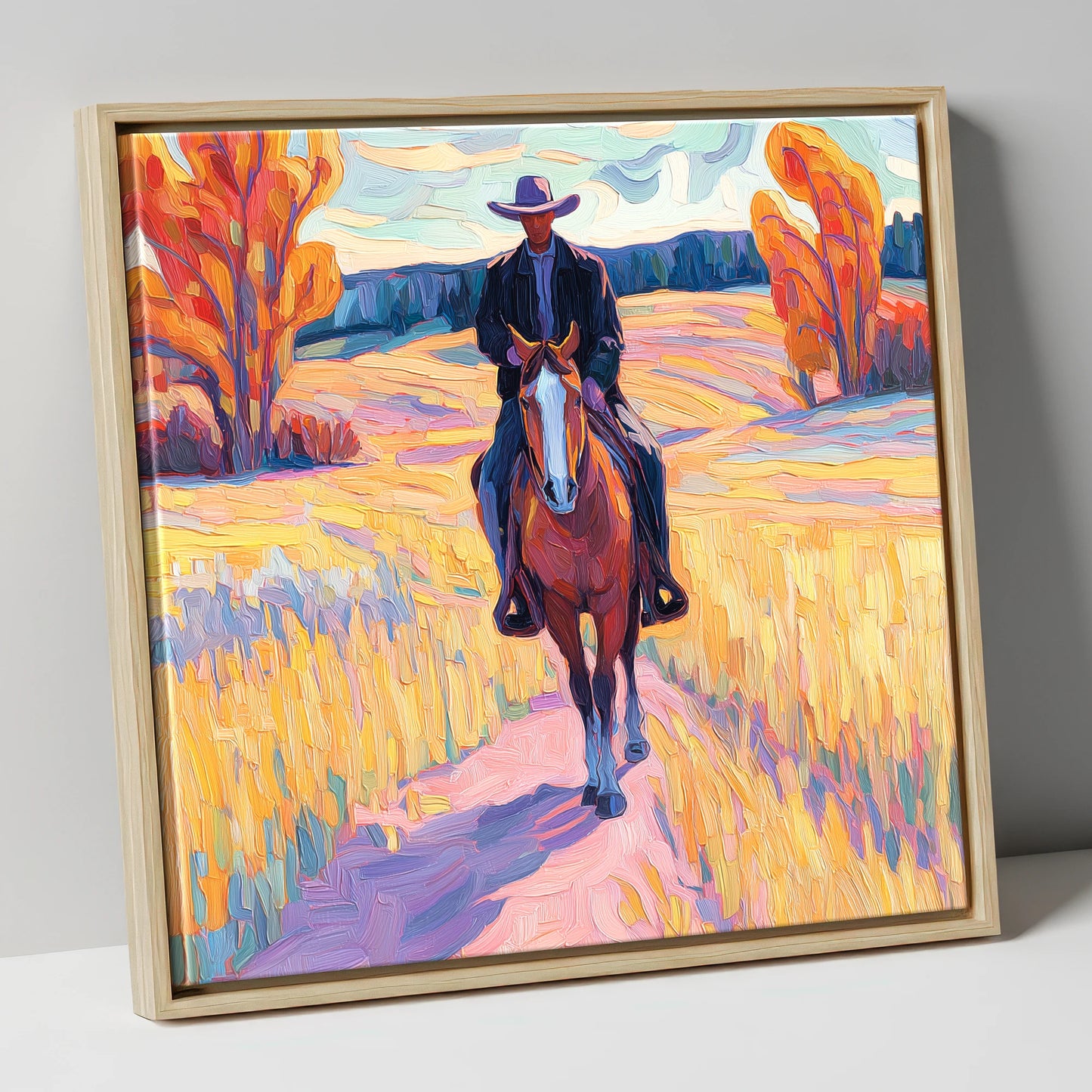 Vibrant Western Trail western horse canvas wall art in natural frame