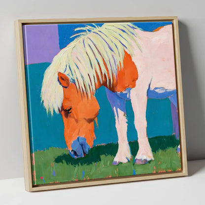 Vibrant Grazing Shetland Pony horse breed canvas wall art in natural frame