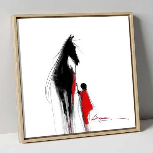 Crimson Connection horse & rider canvas wall art in natural frame