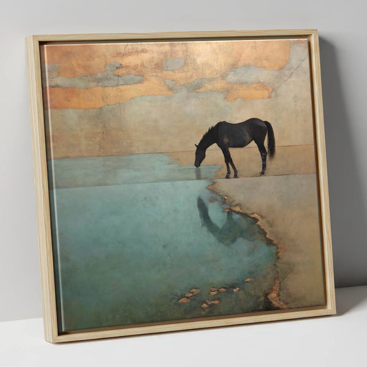 Golden Shores Reflection horse landscape canvas wall art in natural frame