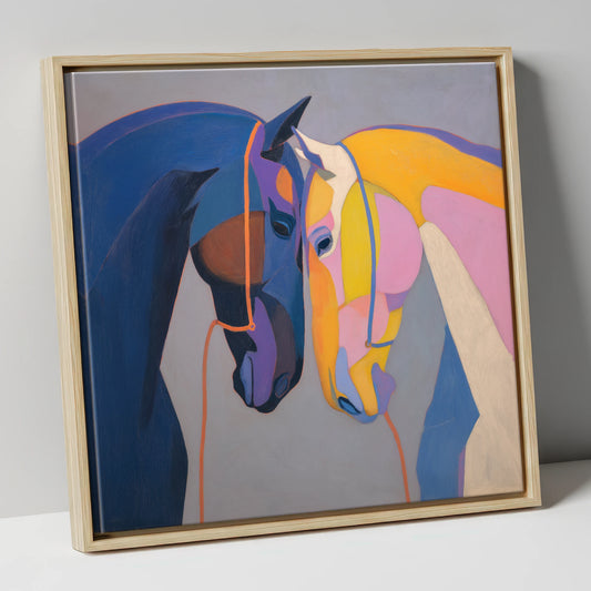Vibrant Equine Bond horse portrait canvas wall art in natural frame