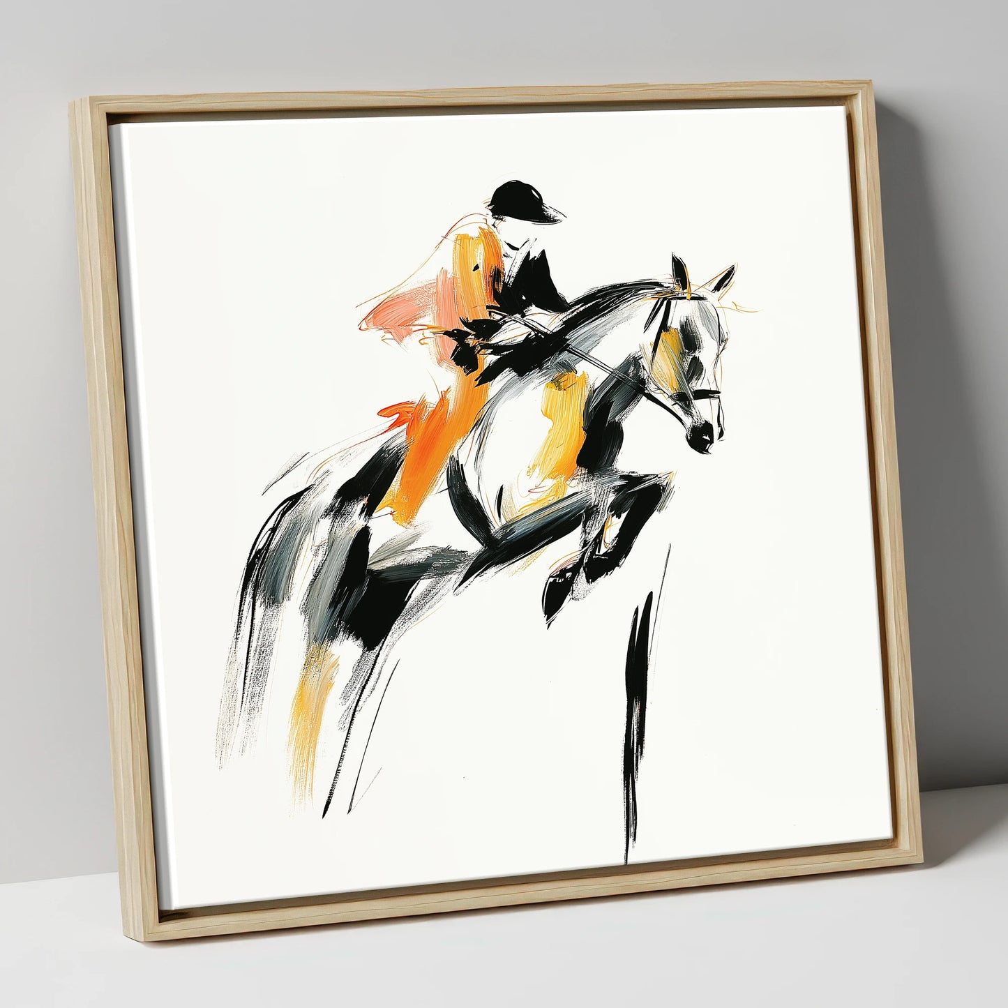 Amber Ascent show jumping horse canvas wall art in natural frame