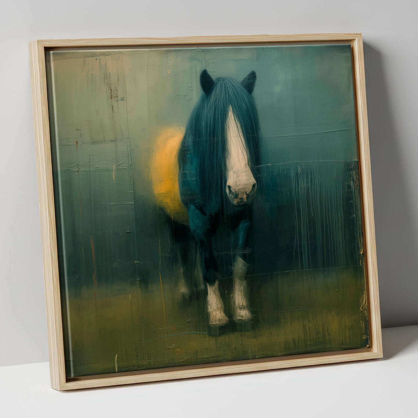 Quiet Draught in Teal horse breed canvas wall art in natural frame
