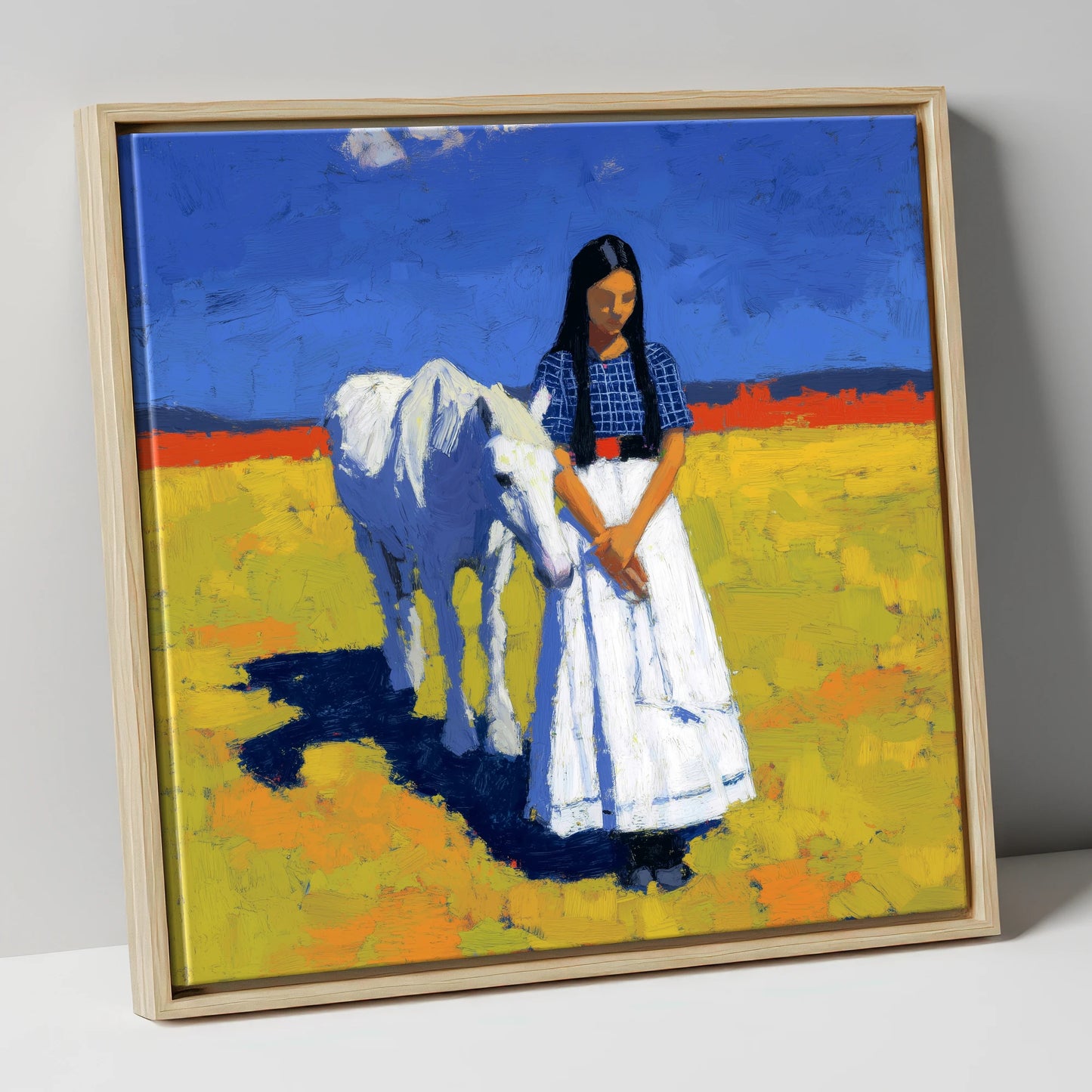 Sunlit Companion horse & rider canvas wall art in natural frame
