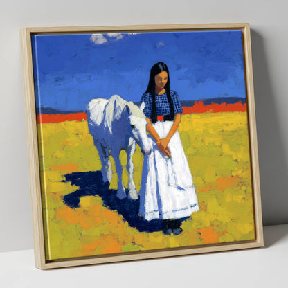 Sunlit Companion horse & rider canvas wall art in natural frame