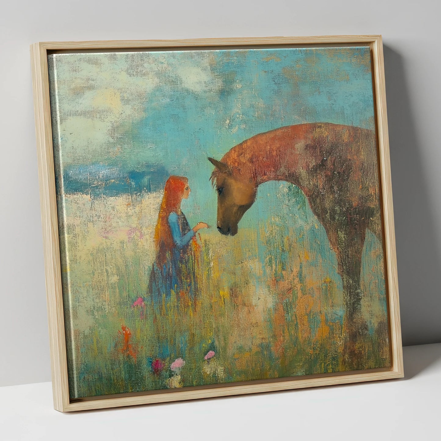 A Quiet Connection horse & rider canvas wall art in natural frame