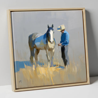 Sunlit Partnership horse & rider canvas wall art in natural frame