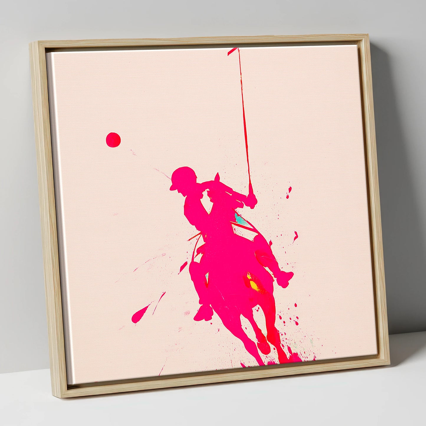 Vivid Polo Strike polo horse canvas wall art in natural frame