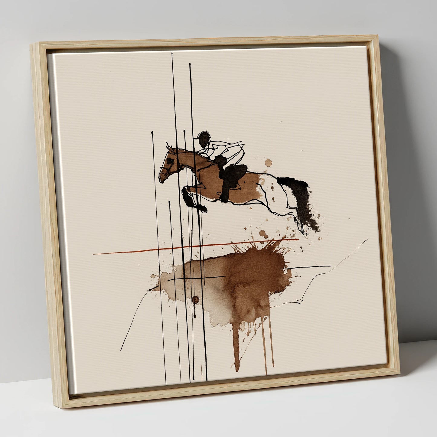 Dynamic Clearance show jumping horse canvas wall art in natural frame