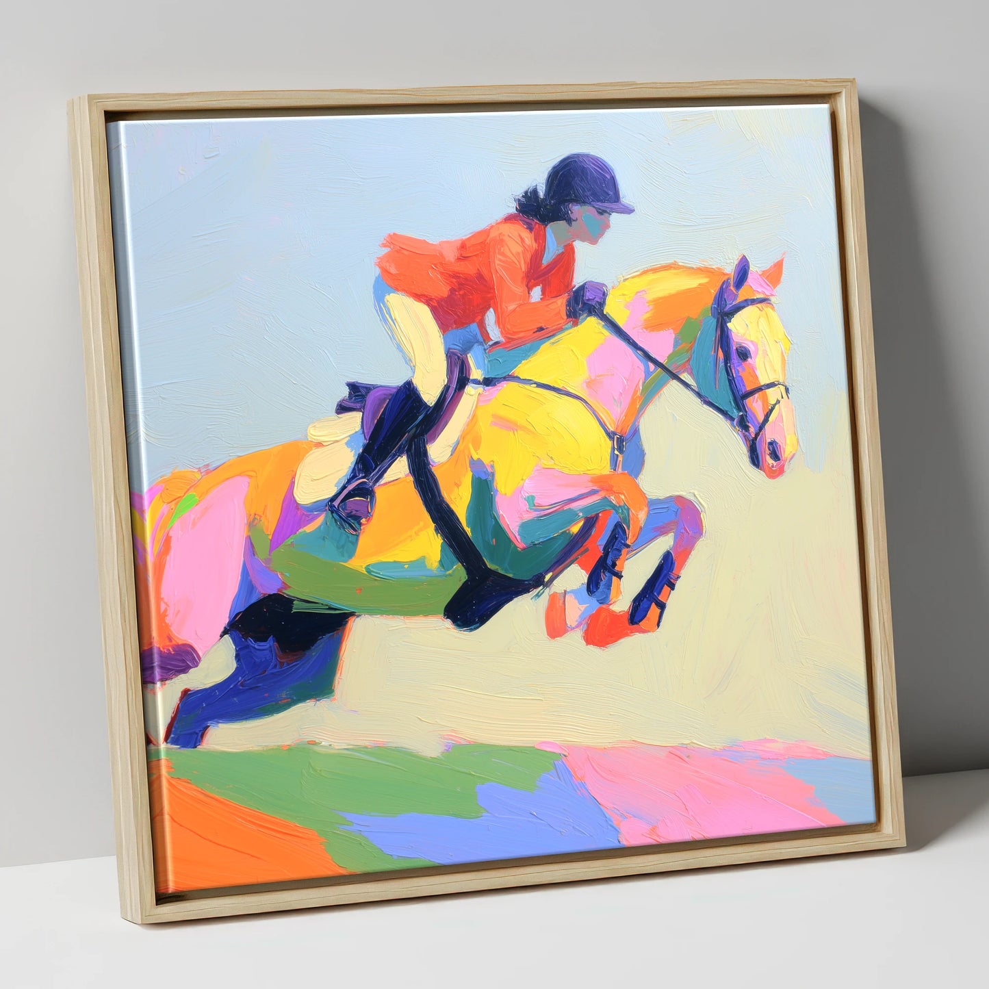 Chromatic Showjumper show jumping horse canvas wall art in natural frame