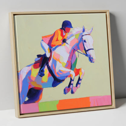 Technicolour Flight show jumping horse canvas wall art in natural frame