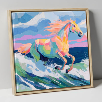 Technicolour Tide beach horse canvas wall art in natural frame