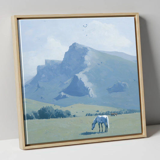 Beneath the Blue Peaks horse landscape canvas wall art in natural frame