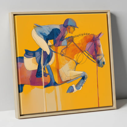 Suspended in Gold show jumping horse canvas wall art in natural frame