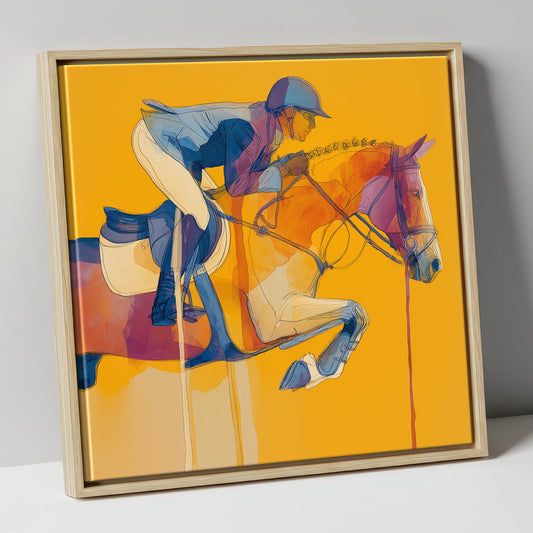 Suspended in Gold show jumping horse canvas wall art in natural frame