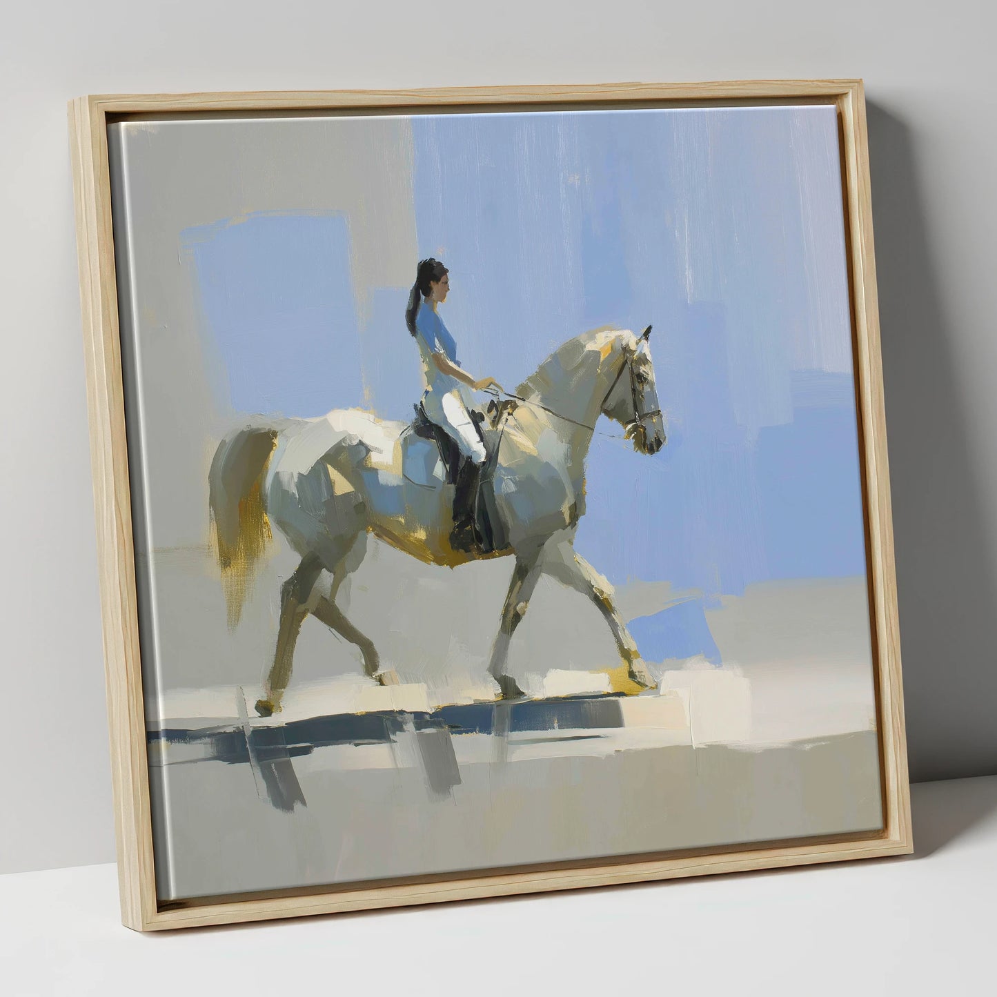 The Sunlit Grey dressage horse canvas wall art in natural frame