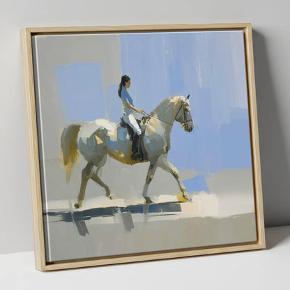 The Sunlit Grey dressage horse canvas wall art in natural frame