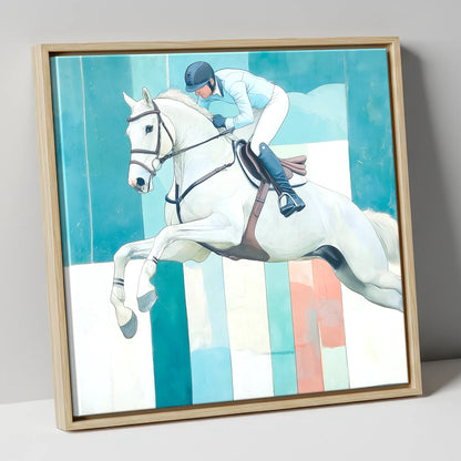 Aquamarine Ascent show jumping horse canvas wall art in natural frame