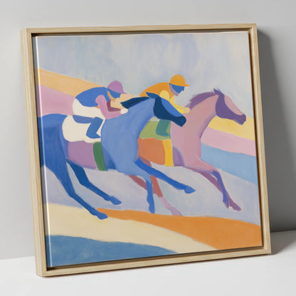 Modern Pastel Gallop racing horse canvas wall art in natural frame