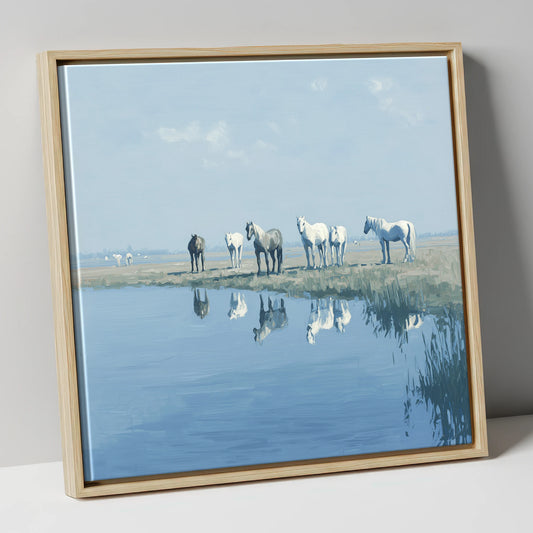 Reflections in Blue wild horses canvas wall art in natural frame
