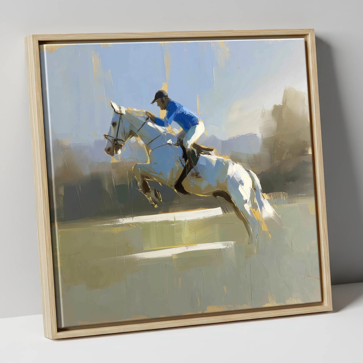 Flight in Blue show jumping horse canvas wall art in natural frame
