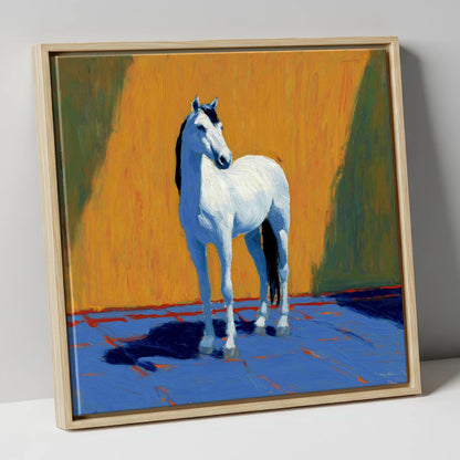 Sun-Drenched White horse breed canvas wall art in natural frame