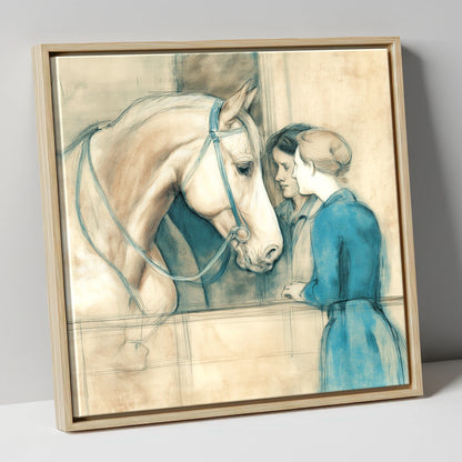 A Gentle Exchange horse & rider canvas wall art in natural frame