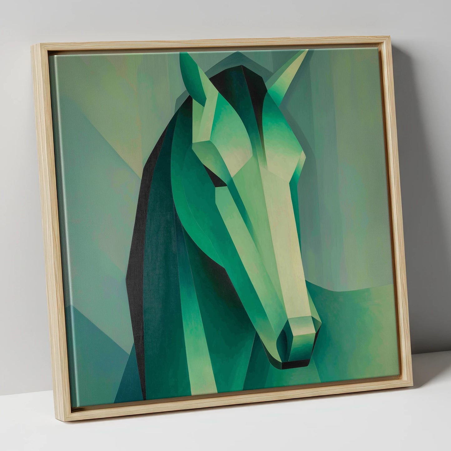 The Emerald Facets horse portrait canvas wall art in natural frame
