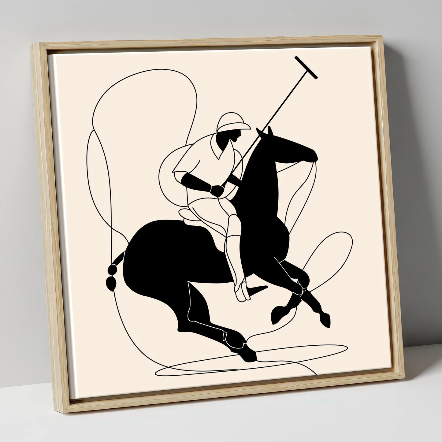Polo in Motion polo horse canvas wall art in natural frame