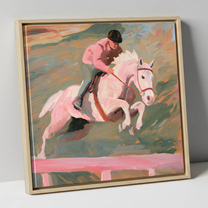 Airborne in Pastel show jumping horse canvas wall art in natural frame