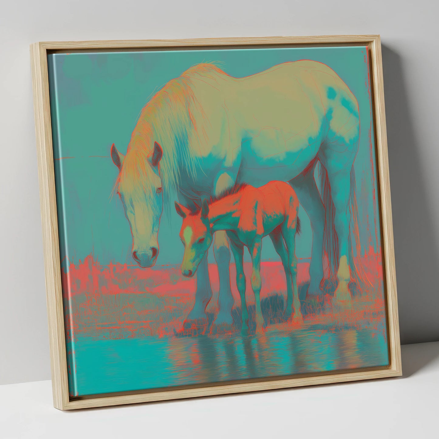 Electric Shoreline Bond mare & foal canvas wall art in natural frame