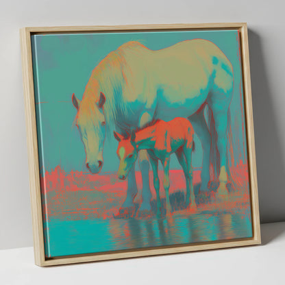 Electric Shoreline Bond mare & foal canvas wall art in natural frame