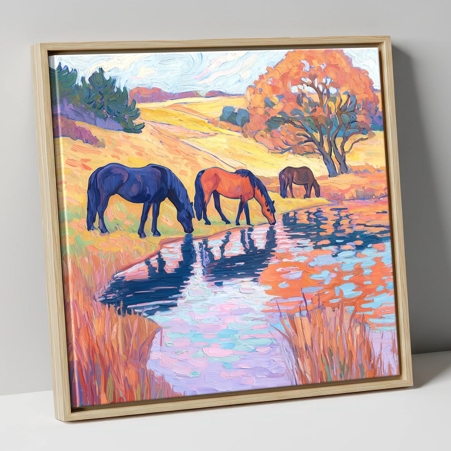Painted Pasture Reflections horse landscape canvas wall art in natural frame