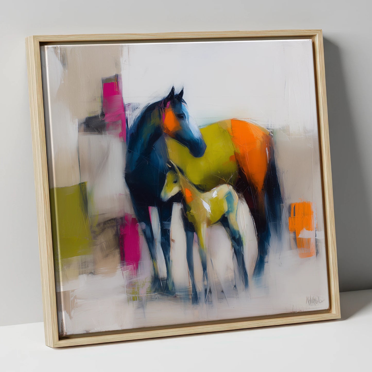 Bold Beginnings mare & foal canvas wall art in natural frame