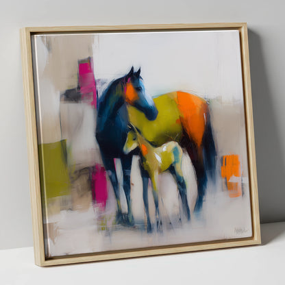 Bold Beginnings mare & foal canvas wall art in natural frame