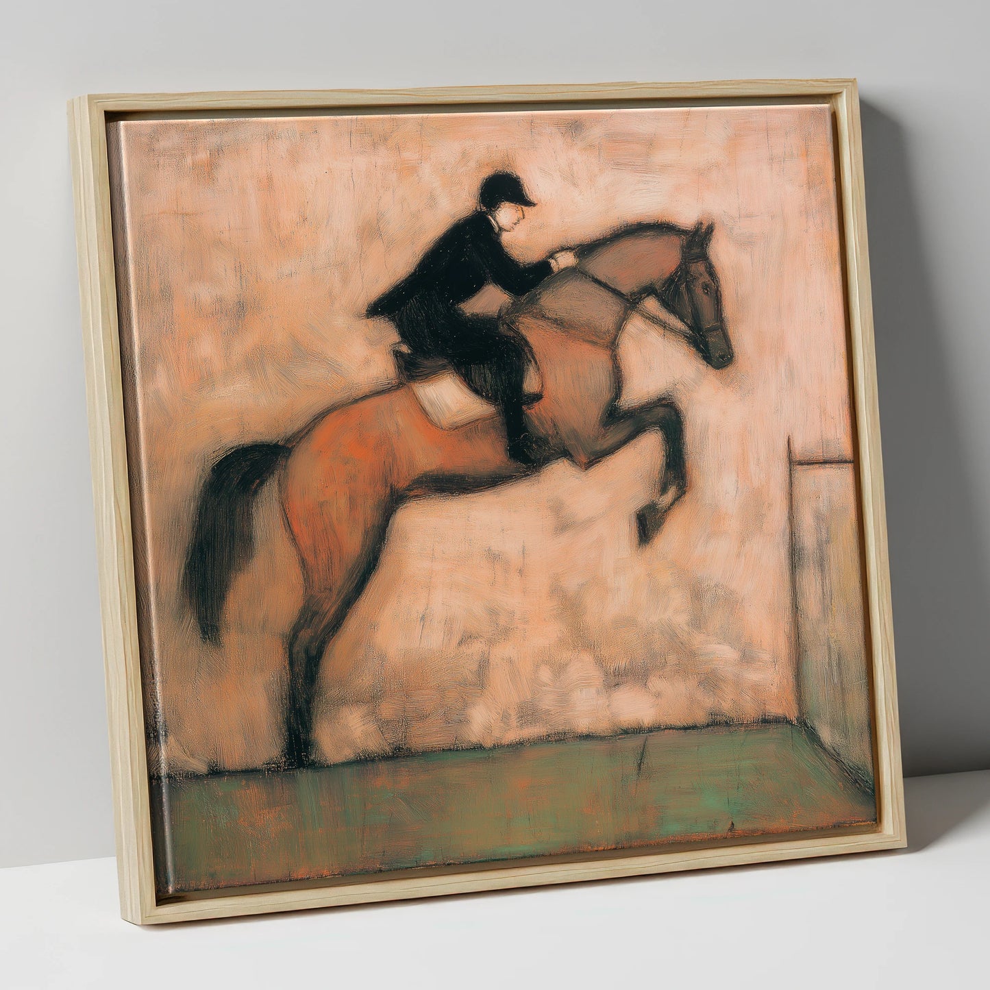 The Perfect Arc show jumping horse canvas wall art in natural frame