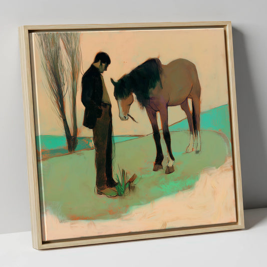 The Quiet Bond horse & rider canvas wall art in natural frame