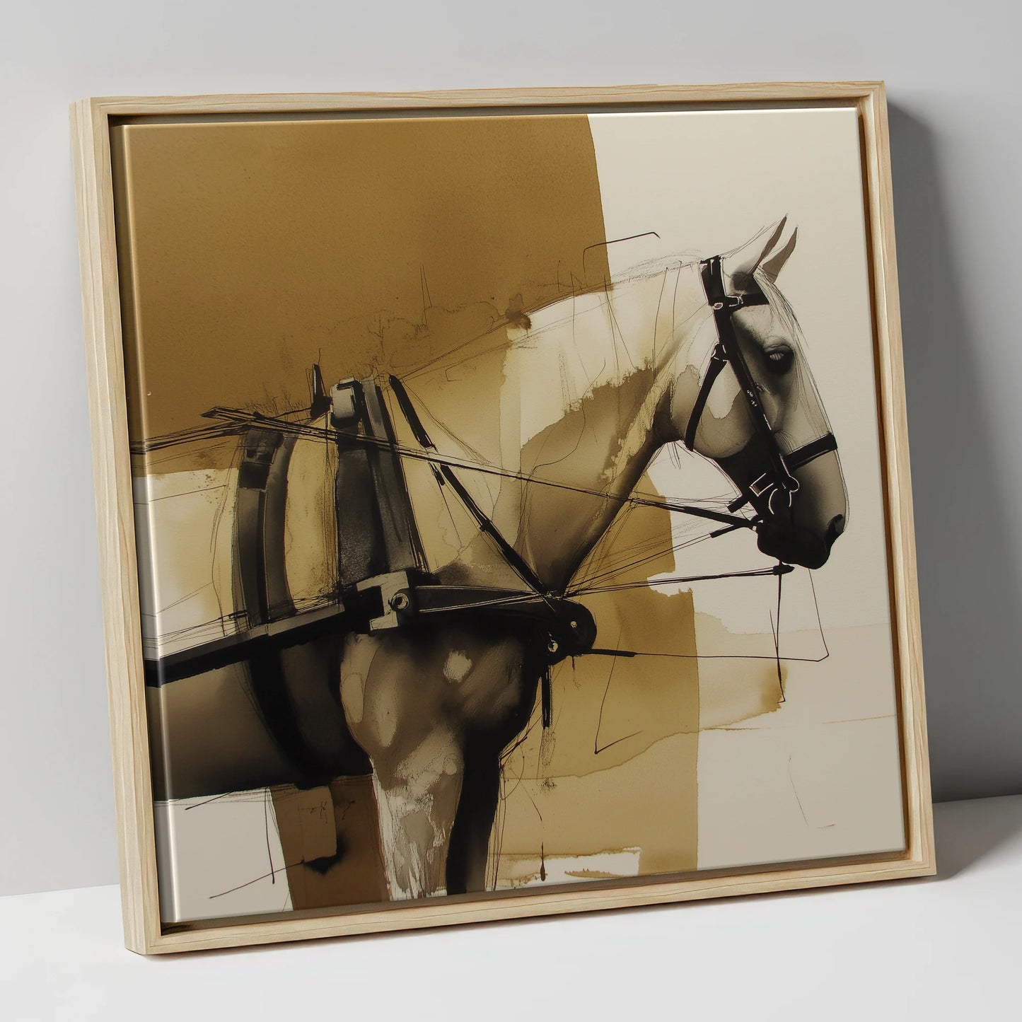 Sepia Harness Study working horse canvas wall art in natural frame