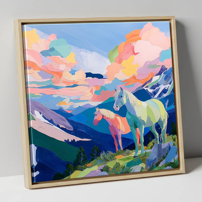 Technicolour Alpine Ridge horse landscape canvas wall art in natural frame