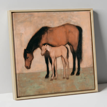 Quiet Pasture Bond mare & foal canvas wall art in natural frame