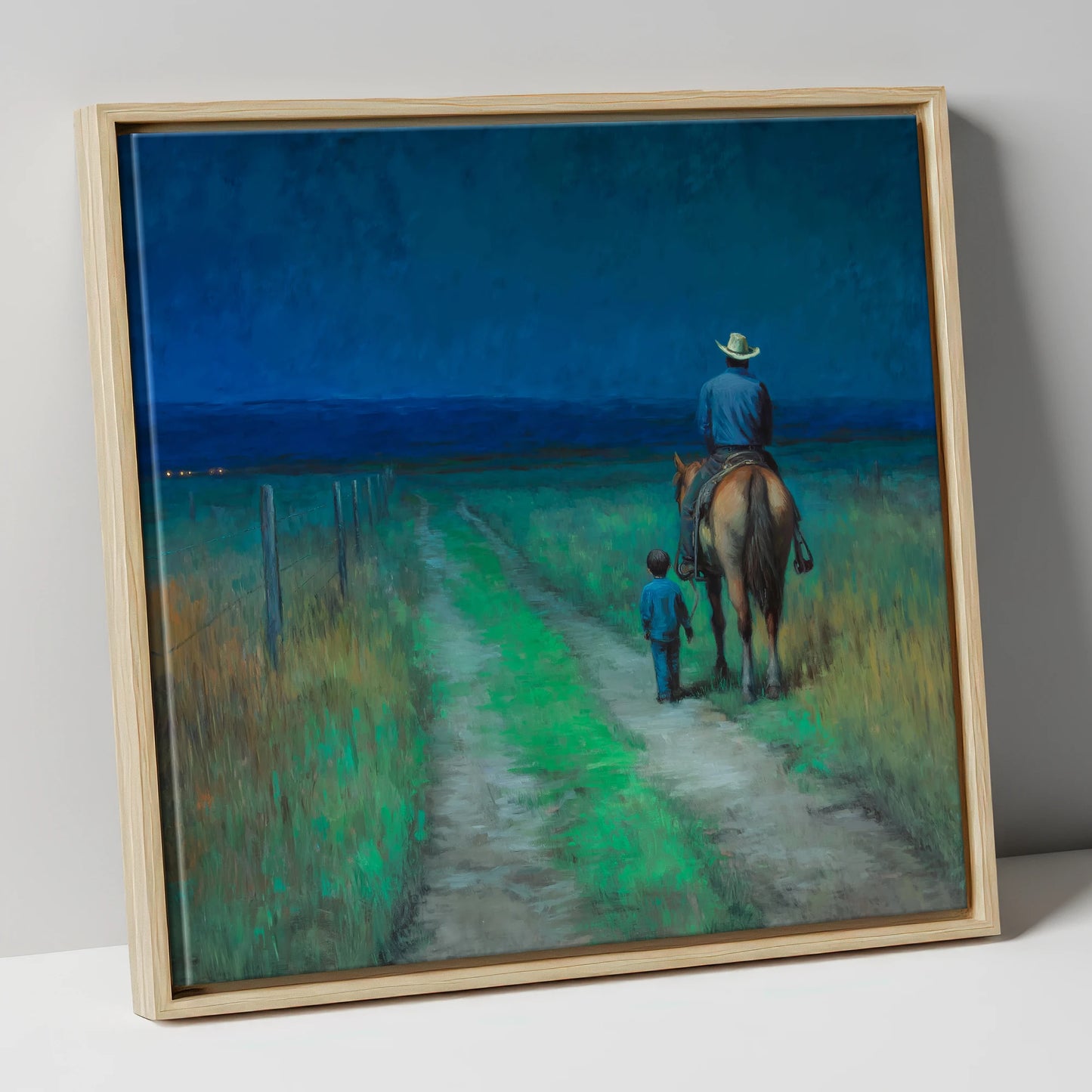 Nightfall Companions horse & rider canvas wall art in natural frame