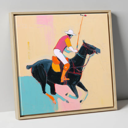 Vibrant Polo Strike polo horse canvas wall art in natural frame