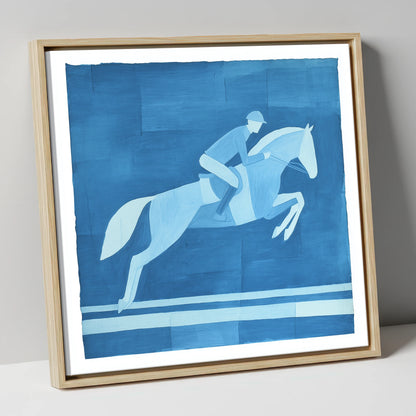 Azure Flight show jumping horse canvas wall art in natural frame